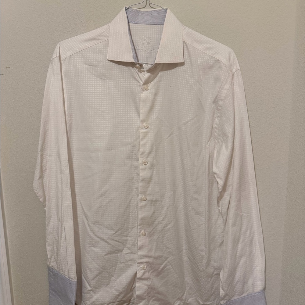 Men’s Bugatchi White Dress Shirt with Light Blue Cuffs Designer Great Condition